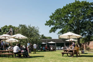 The Hub's outside seating and College garden