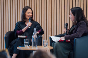 Mishal Husain being interviewed by Yasmin Khan