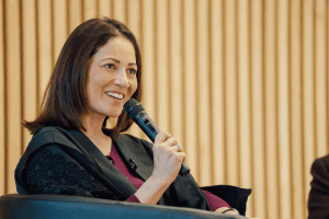 Mishal Husain with microphone
