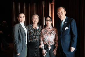 Four attendees, including Ban Ki-moon, pose together at the Open Conversations event in Seoul.