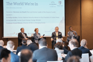Panel speakers discussing global issues at Kellogg College’s Open Conversations in Seoul