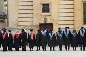 Students lined up outside the Sheldonian.