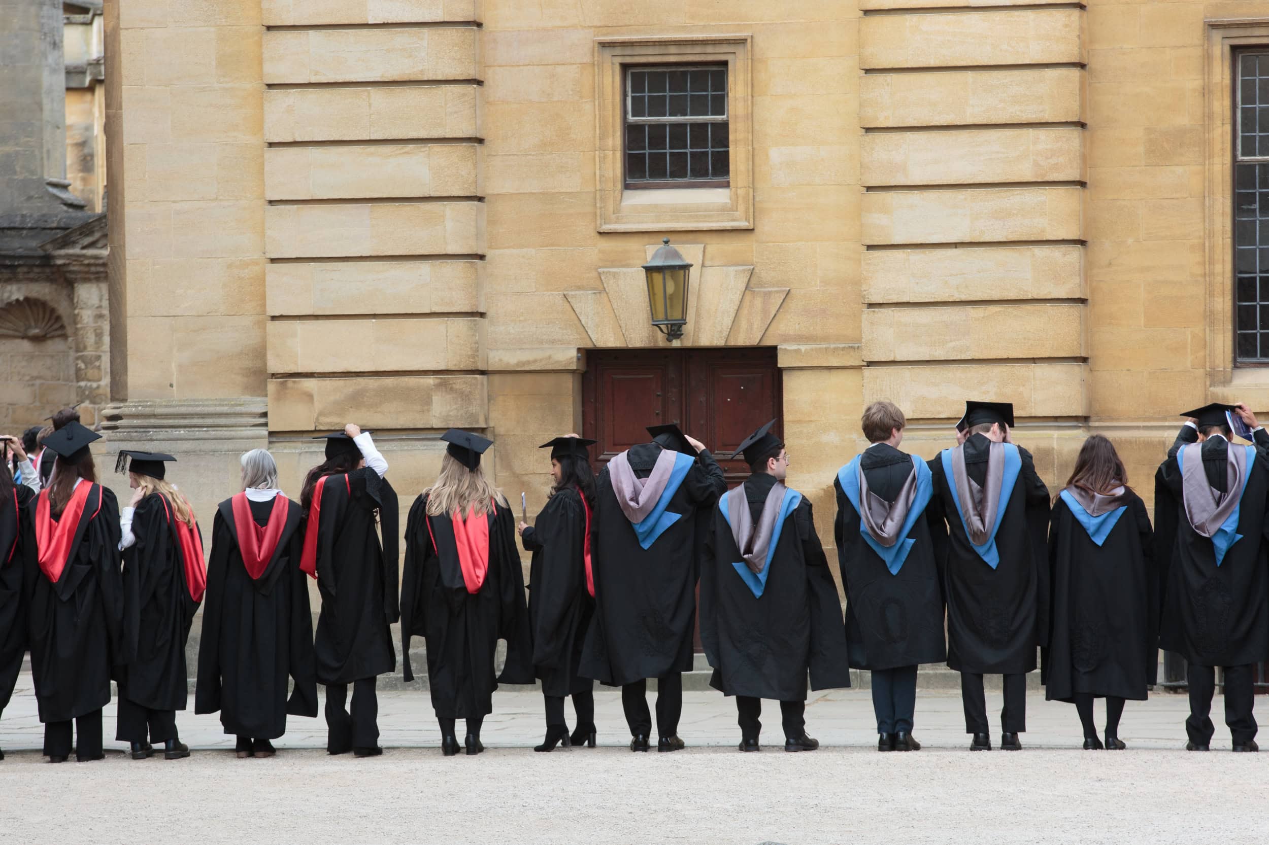 Students lined up outside the Sheldonian.
